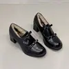 Textura de piel de vaca~Punta redonda tacón grueso lazo Mary Jane zapatos pequeños de cuero para mujer, mocasines retro de tacón alto sin cordones