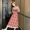 Vestido Retro a Cuadros con Tirantes Verano Francés Dulce Empalme de Encaje Cuello en V Falda Larga