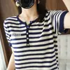 Primavera Verão Novo Tricô de Algodão Puro Estilo Coreano Meio Aberto Gola Redonda Tira de Botões Colorida Listrado Versátil Blusa Top de Bloco de Cor Simples Transfronteiriço