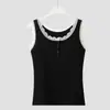 Nuevo Top de Tirantes de Verano Delgado con Bloques de Color, Encaje y Patchwork para Mujer, Hombros Anchos, con Almohadillas Integradas en el Pecho, Cómodo sin Mangas y Versátil