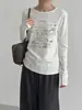 Oufan Camiseta Casual com Estampa de Letras Manga Longa Feminina Outono Inicial Nova Versátil Modeladora Elástica 11455