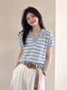 Camiseta de punto fina de manga corta con cuello polo estilo casual coreano para mujer, 26 nuevos tops pulóver versátiles de verano