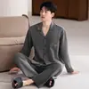 20256 Novo Pijama Masculino, Algodão Puro, Primavera e Outono, Manga Longa e Calça Longa, Tamanho Grande, Cor Sólida, Conjunto para Casa para Homens de Meia-Idade