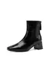 Botas femininas de tornozelo com salto grosso de couro bovino de duas camadas, novo estilo outono e inverno, bico quadrado, zíper traseiro, botas curtas justas de salto médio