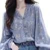 Top de camisa de manga comprida floral azul estilo floresta, requintado e único, com temperamento feminino, estilo francês, design novo, solto e casual, para o início do outono