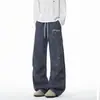 Pantalones Largos de Pierna Ancha Azules a Cuadros con Estrellas, Estilo Dulce y Fresco, Cintura Elástica con Cordón, Bordado de Inglés Escrito a Mano, Pantalones Sueltos y Relajados para Hombres y Mujeres