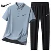 Camisa Polo Deportiva de Seda de Hielo para Hombre Traje de Verano Delgado Transpirable de Secado Rápido Manga Corta Pantalones Casuales Traje de Dos Piezas para Hombre