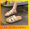 Sandalias Planas de Punta Abierta para Mujer Verano 2025 Nuevo Estilo Coreano Moda con Pedrería Flor de Moda Slip-On Zapatos de Playa para Exteriores