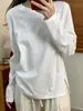 Camiseta Básica Versátil de Algodão Puro com Gola Redonda e Mangas Longas para Mulheres Primavera Outono Bainha com Fenda Lateral Branca Top Casual Solto para Camadas