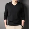 Camiseta Versátil de Manga Longa Elástica para Primavera e Outono Nova Camisa Básica Masculina Casual com Gola Redonda ou V Simples Pulôver Atacado