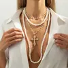 Colar com Pingente de Cruz de Metal Estilo Punk Hip-Hop Transfronteiriço Europeu e Americano Colar de Pérolas Artificiais em Camadas da Moda