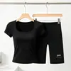Traje Deportivo para Mujer, Estilo Verano Delgado, Top de Yoga Adelgazante, Manga Corta Fitness Secado Rápido Pantalones Cortos de Ciclismo de Cintura Alta