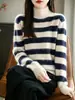 Suéter de mujer de lana pura con rayas anchas y cuello semialto, diseño retro de bloques de color, suave y cómodo para otoño e invierno, efecto adelgazante, estilo jersey