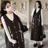 Conjunto de Dos Piezas Vestido Chaleco de Punto para Maternidad 2026 Otoño Nuevo Chaleco Suave con Lazo Vestido de Maternidad