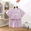 Pantalones Cortos de Gofre de Manga Corta para Niños Verano Nuevo Estilo Holgado Estilo Coreano Trajes Casuales para Niños y Niñas Ropa de Bebé al por Mayor