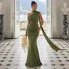 Vestido de noche estilo europeo y americano 2026 con cuello halter, hombros descubiertos, hecho de tela elástica, con silueta ajustada y cola de pez, perfecto para ocasiones formales