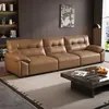 Sofá reto em estilo creme de couro genuíno, sofá moderno de couro de camada superior de luxo leve, sofá minimalista italiano para sala de estar para espaços pequenos