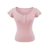 Atacado de Roupas Femininas Transfronteiriças Verão Novo Slim Fit Gola U Grande Manga Flare Bainha Abertura Frontal Manga Curta Pulôver Camiseta