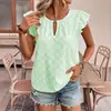Top de verano hueco bordado con volantes transfronterizo para mujer, con mangas cortas tipo volante, cuello en V, camiseta casual, estilo europeo y americano, corte holgado