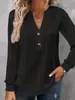 2025 Roupas Femininas de Outono e Inverno Transfronteiriças Europeias e Americanas Marca Independente Nova Camiseta Top de Manga Longa Cor Sólida Gola V com Botões