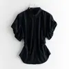 Mangas de Botones Florales Románticas Estilo Francés, Camisa Plisada Entallada a la Cintura, Sin Planchar, Sensación Fresca, Adelgazante, Suave Camisa Primavera-Verano para Mujer