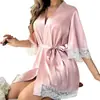 Bata de Novia Estilo Europeo y Americano, Regalo para Dama de Honor, Camisón Largo con Mangas y Adorno de Encaje, Bata Casual para Casa con Lazo