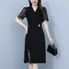 Vestido de Gola Splicing de Renda de Manga Curta de Alta Qualidade para Mulheres Verão 2025 Novo Estilo Deusa Saia Profissional