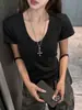 Camiseta Feminina de Manga Curta Fina com Decote em U Grande Estilo Coreano, Novo Estilo de Verão, Roupa Básica Simples, Top Modelador Fashionable Hot Girl