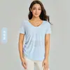 Camiseta feminina Weiman de fibra de bambu com gola V, manga curta, secagem rápida, ajuste lateral com cordão, top para fitness e yoga, saída de praia de manga curta