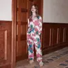 [Pájaros Blancos y Flores] Pijama para Mujer Primavera y Otoño Seda de Hielo Manga Larga Jacquard de Mariposa Ropa de Casa Verano Delgado