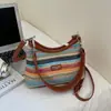 Bolsa de Palha Listrada Arco-Íris para Mulheres 2026 Nova Coleção Primavera Férias na Praia Bolsa de Ombro Tecida Bolsa Tote para o Dia a Dia