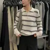 Suéter de punto a rayas con cuello polo, estilo universitario, otoño, nuevo, para mujer, suéter de punto de manga larga con bloques de color, estilo coreano, juvenil