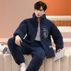 Pijama Masculino Veludo Coral Inverno Jaqueta Acolchoada de Três Camadas Forrada com Lã Grossa Quente Outono e Inverno Conjunto de Roupa para Casa Jovem