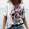 Outlet de Fábrica Camiseta Feminina de Manga Curta com Caveira Camisa Casual, Camiseta Feminina Gola V, Nova Moda