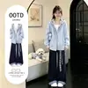 Conjunto informal de dos piezas para niñas: chaqueta con capucha de retazos a cuadros estilo coreano, salada y dulce, delgada, y pantalones anchos holgados.
