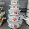 Tigela de Esmalte à Moda Antiga com Tampa, Conjunto de Tigelas Seladas Espessadas, Tigela de Armazenamento de Cozinha, Tigela Nostálgica para Legumes, Conjunto de Cinco Peças, Tigela para Sopa e Arroz