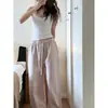 Calça de pijama listrada color block doce estilo coreano e feminino para mulheres, verão solta de perna larga casual versátil para casa adequada para uso ao ar livre