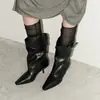 Botas de tacón de aguja de punta afilada plisadas y apiladas de moda para mujer, botas de moda plegables de media pantorrilla de pierna ancha