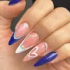 Parches para Uñas Azul Diamante Uñas Postizas Removibles Uñas Almendra Parches de Manicura Francesa Mediana Uñas Portátiles 24 Piezas