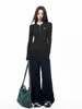 Camiseta Negra de Manga Larga con Cuello Henley Hombro Normal para Mujer Otoño 2026 Nueva Capa Interior Capa Base Ajustada Top Ceñido