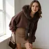 Suéter com Capuz e Gola Grande de Pelo Amazon Transfronteiriço para Mulheres, Novo Outono e Inverno Casual Estilo Europeu e Americano Cardigan Quente de Tricô