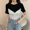 Camiseta Falsa de Dos Piezas de Manga Corta para Mujer 2024 Verano Nuevo Estilo Hong Kong Moda Tejido Corto Jersey Ajustado Top
