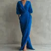 2026 Nuevo Estación Independiente Europea y Americana de Amazon Elegante Color Sólido Cuello en V Manga Larga Abertura Cintura Ceñida Bolsillo Vestido Largo