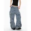 Jeans de trabajo americanos retro de alta resistencia, lavados y desgastados, para mujer, con diseño multibolsillos, pantalones anchos holgados de nicho
