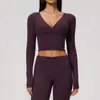 Nuevo Top Deportivo de Manga Larga Color Crema para Yoga, Running, Ajustado, con Efecto de Caída Tridimensional para Mujer 4208