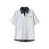 Nueva Camiseta Casual de Manga Corta para Hombre Verano 2025, Color Contrastante, Costuras, Falsa de Dos Piezas, Cuello Camisero, Talla Grande, Holgada