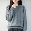 Suéter de tricô de algodão puro com gola redonda e padrão torcido, estilo casual e suave para mulheres, suéter quente de sete pontos espessados, suéter básico de tricô de modelagem solta