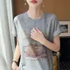 26 Verão Novo Estilo Estampa Simples Gola Redonda Casual Malha Manga Curta Feminino Solto Pulôver Estilo Coreano Simples Top