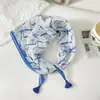 Pañuelo pequeño cuadrado de algodón y lino con borlas de 58 cm Protector de cuello Bufanda suave Pañuelo decorativo para la cabeza Pañuelo floral Retro Pequeño Fresco