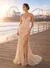 2026 Nuevo Vestido Sexy de Tirantes con Escote en V Estilo Europeo y Americano, Vestido de Lentejuelas de Moda sin Espalda hasta el Suelo con Abertura, Vestido de Noche